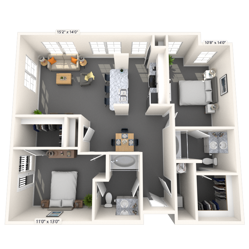 Floor plan for 2 beds, 2 baths, 1124 sqft
